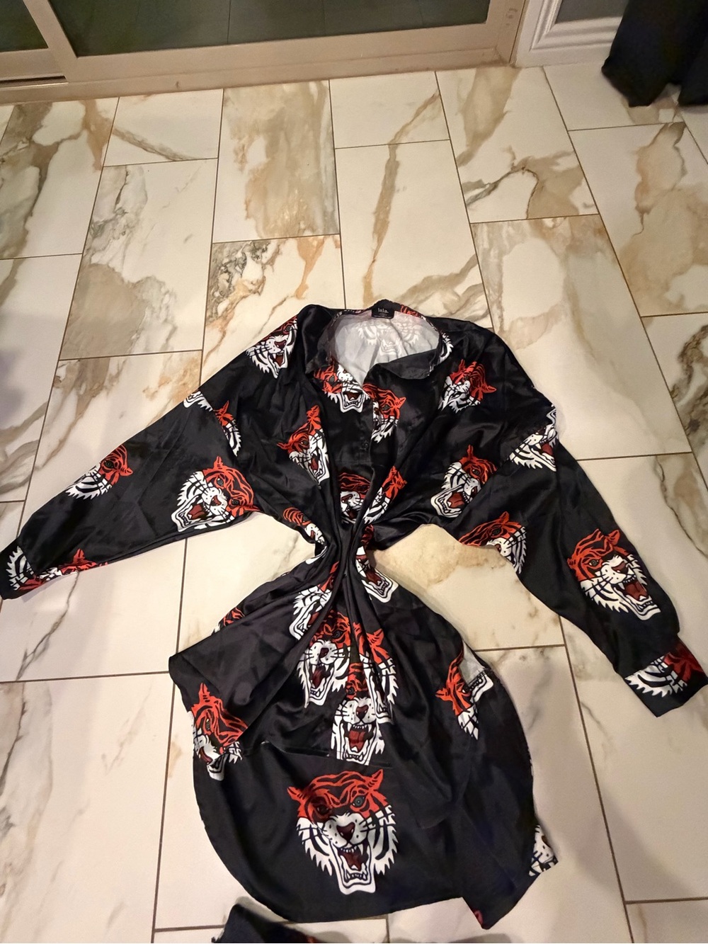 Dressed in LALA Black Satin Bomber with Red & White Tiger Motif